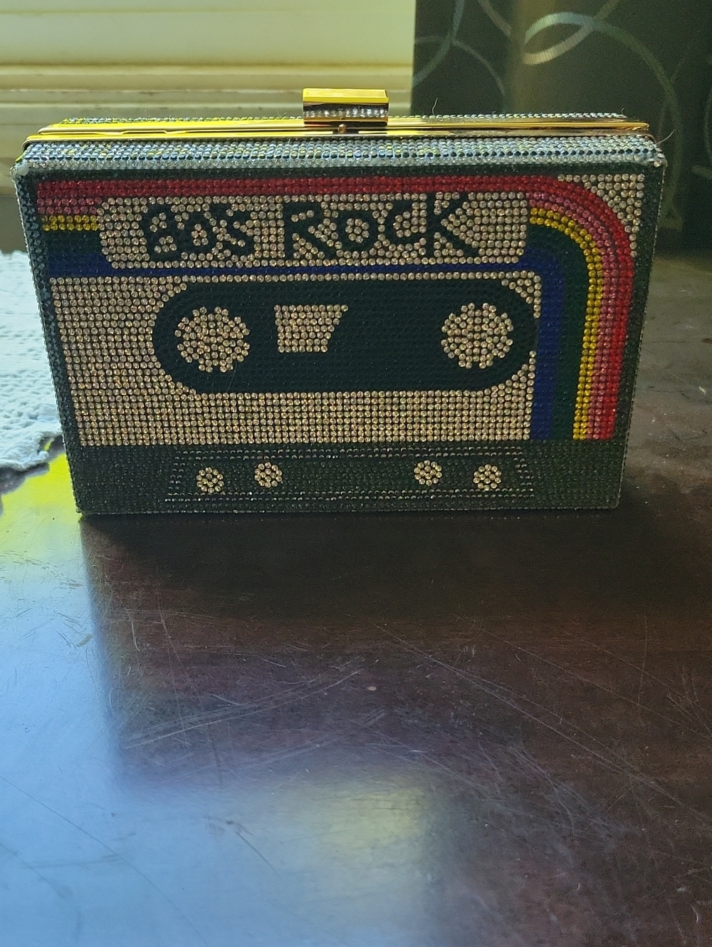 Retro Cassette Crystal Clutch - Black with Rainbow Accent